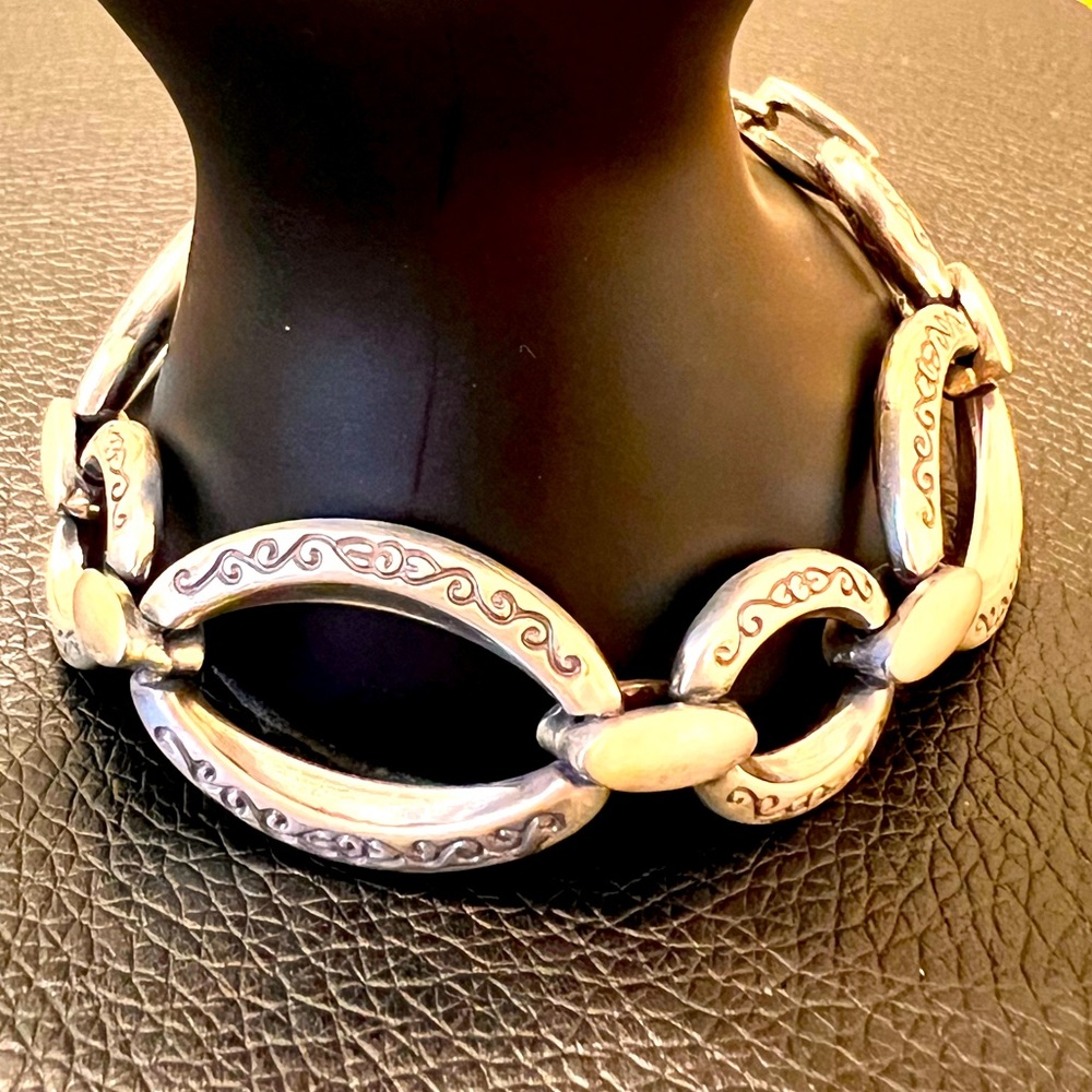 Brighton Alta Brushed Silver Plated Filigreed Flat Oval Link Bracelet